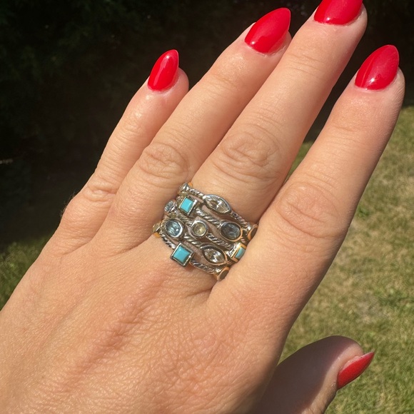 925 Sterling silver multi gemstone turquoise topaz and aquamarine  vintage ring - Picture 2 of 10